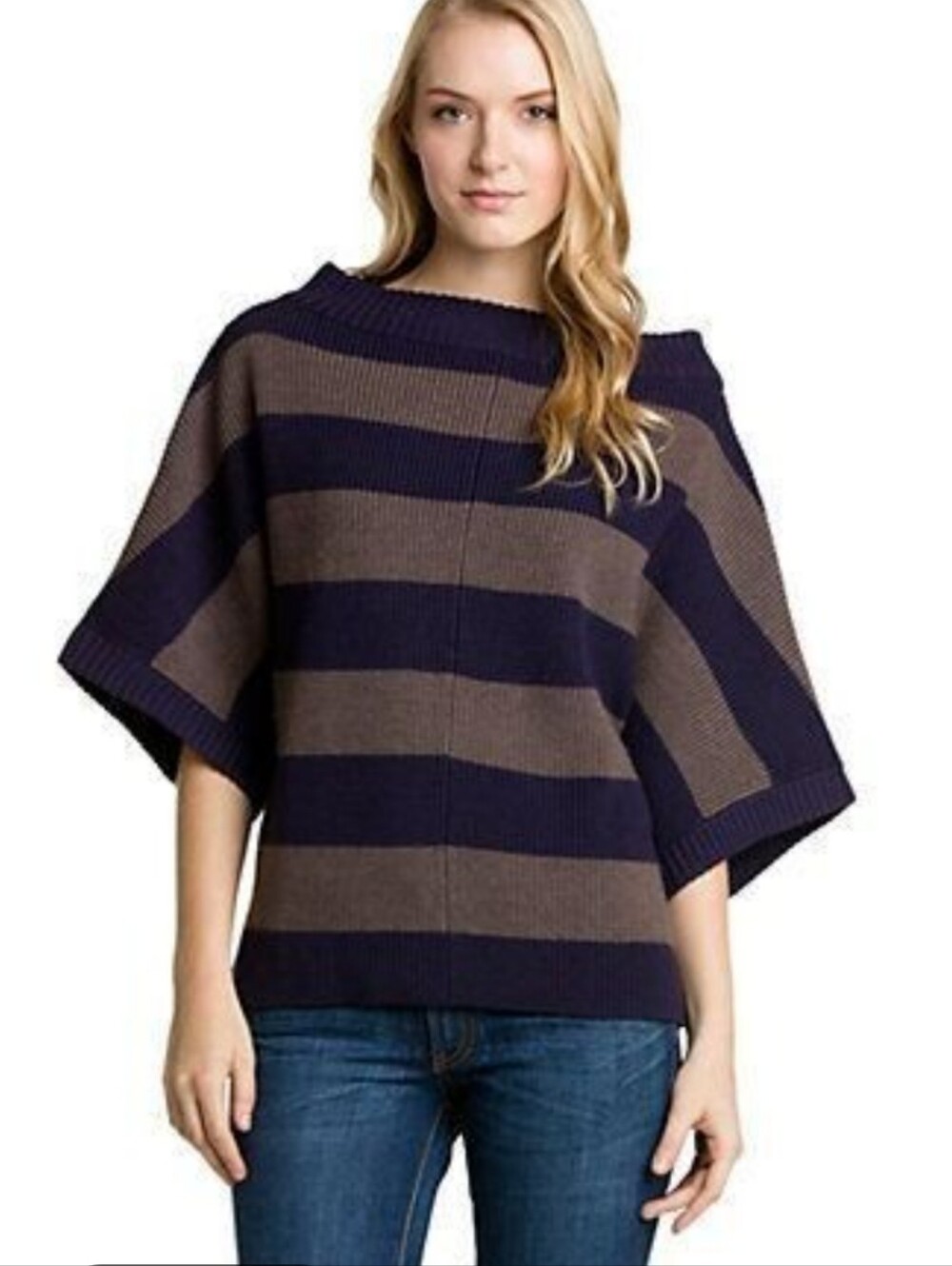 Tory Burch 100% Wool Striped Navy and Brown Sweater Women's Medium Short Sleeve